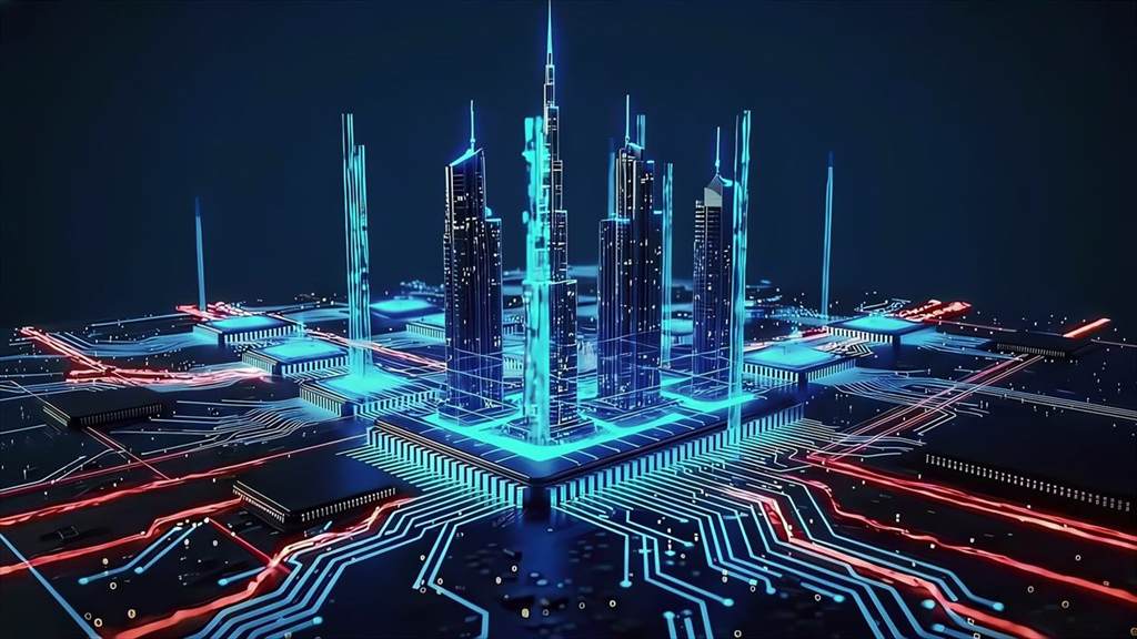 Dubai skyline rising out of a motherboard circuit in a cinematic web development and digital marketing sequence by Muhammed Mubashir V