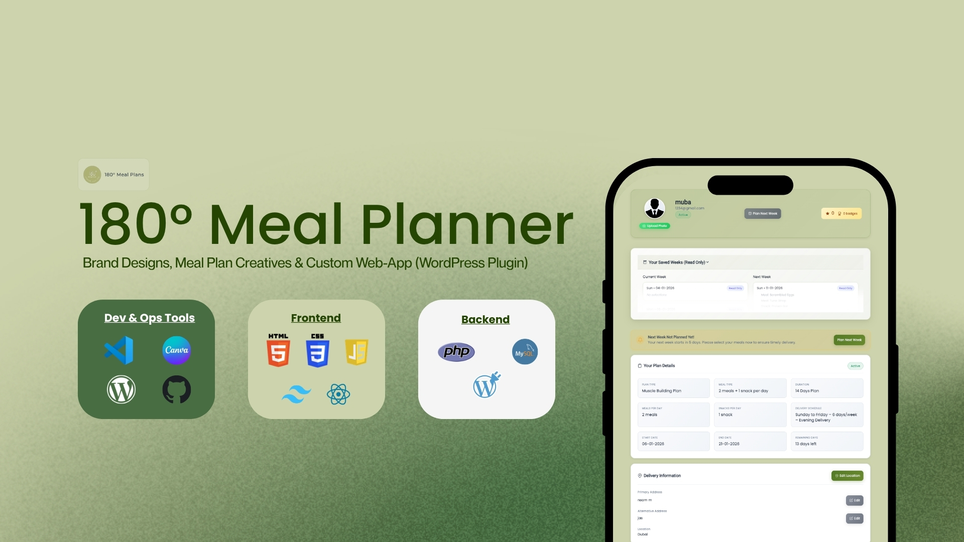 180 Degree meal planner web app interface